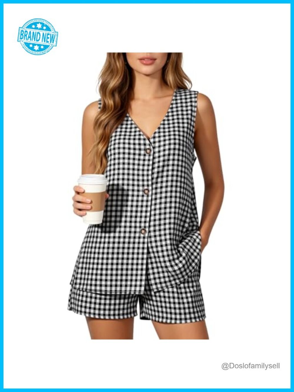 Womens Plaid Short Set 2 Piece Sleeveless V-Neck Button Vest Pocket Shorts